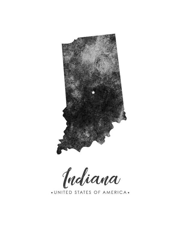 Indiana Art Print featuring the mixed media Indiana State Map Art - Grunge Silhouette by Studio Grafiikka