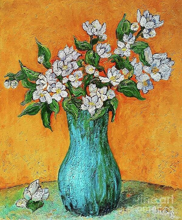 Flowers Art Print featuring the painting Jasmine flowers in a blue pot by Amalia Suruceanu