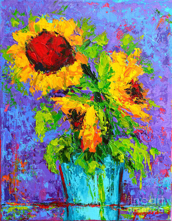 Gift Idea For Sunflower Lovers Art Print featuring the painting Joyful Trio - Sunflowers Still Life - Modern Impressionistic Art - Palette Knife by Patricia Awapara
