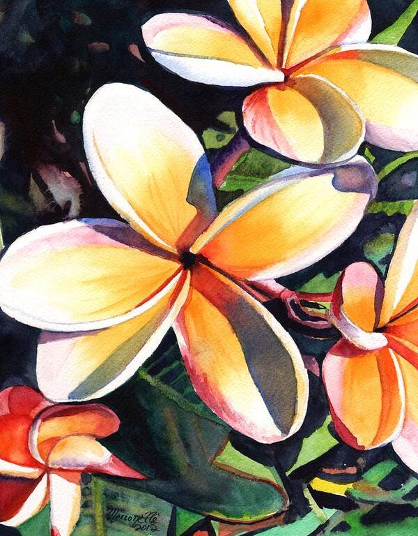 Plumeria Art Print featuring the painting Kauai Rainbow Plumeria by Marionette Taboniar