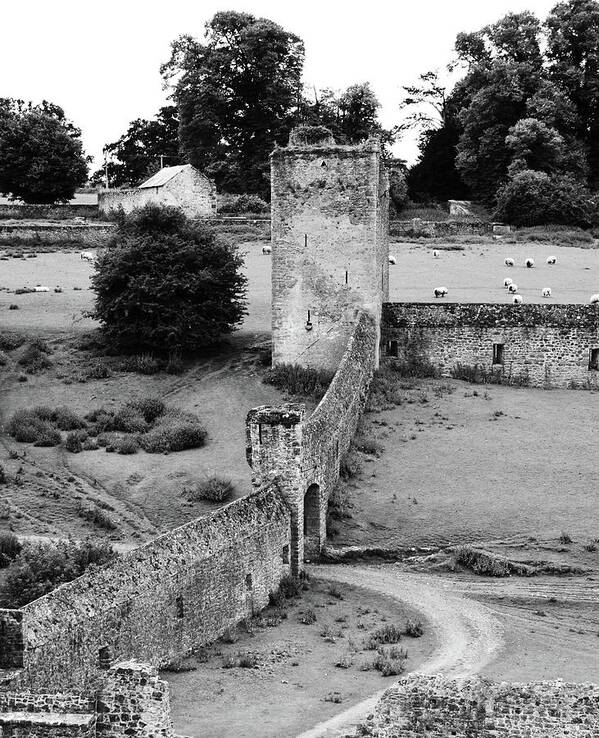 Kells Art Print featuring the photograph Kells Priory Outer Wall Gatehouse and Fortified Tower County Kilkenny Ireland Black and White by Shawn O'Brien