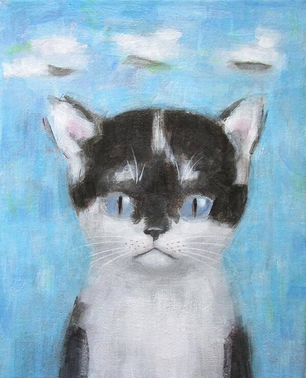 Kitten With Three Clouds Art Print featuring the painting Kitten with Three Clouds by Kazumi Whitemoon