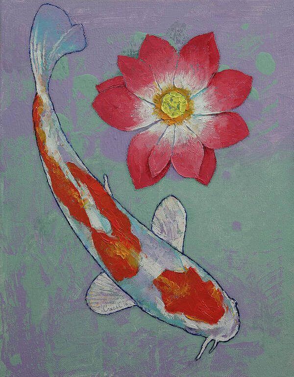 Asian Art Print featuring the painting Koi and Lotus by Michael Creese