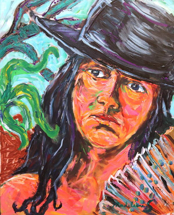 Portrait Art Print featuring the painting Lady in black hat by Madeleine Shulman