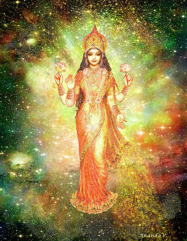Goddess Painting Art Print featuring the mixed media Lakshmi in a Galaxy by Ananda Vdovic