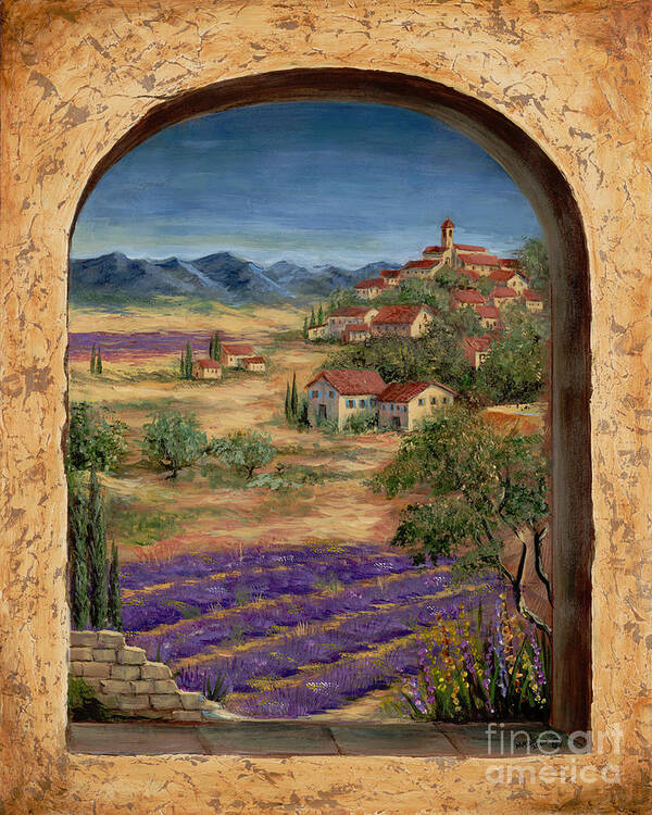 Europe Art Print featuring the painting Lavender Fields and Village of Provence by Marilyn Dunlap