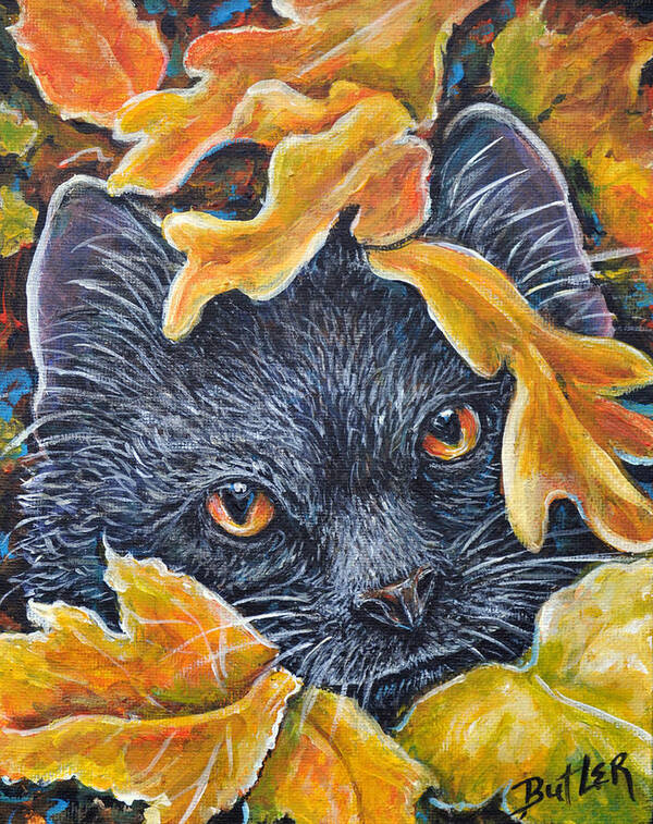 Fall Cat Kitten Black Leaves Leaf Orange Art Print featuring the painting Leaf Jumper by Gail Butler