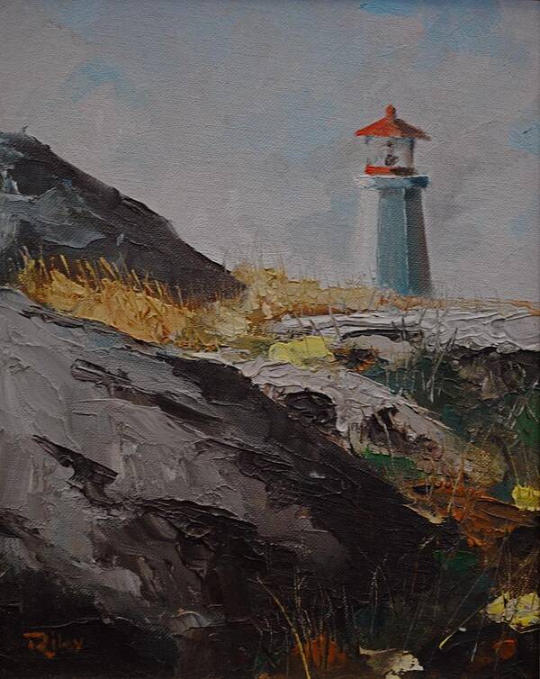 Printed And Original Realistic Genre Landscape Paintings And Cards Tree Paintings And Cards Sky Paintings And Cards Marine Paintings And Cards Paintings Art Print featuring the painting Lighthouse Peggys Cove NS by Chris Riley