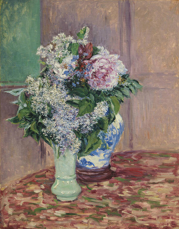 French Art Art Print featuring the painting Lilacs and Peonies in Two Vases by Gustave Caillebotte