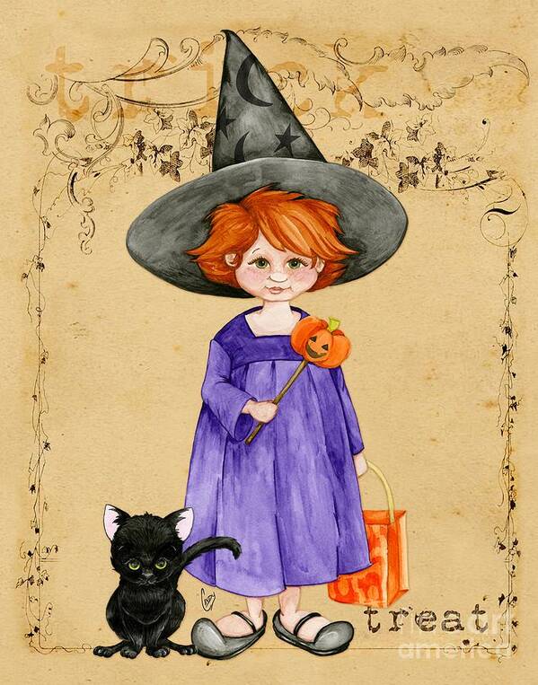 Halloween Art Print featuring the painting Little Halloween Witch by Cindy Garber Iverson