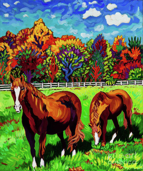 Horses Art Print featuring the painting Lola and Xena by Cathy Carey
