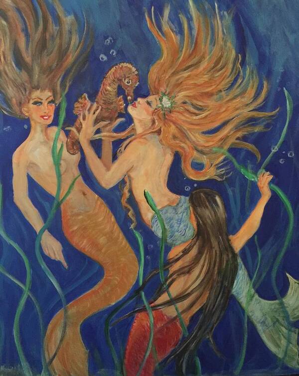 3 Mermaids Under The Sea. Blues Art Print featuring the painting Look What I Found by Charme Curtin