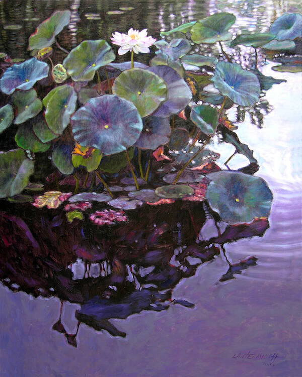 Lotus Flower Art Print featuring the painting Lotus Reflections by John Lautermilch