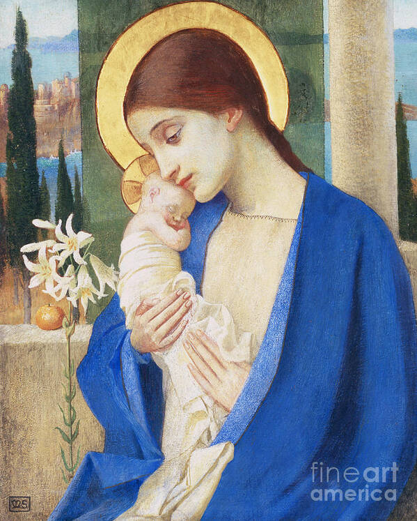 Virgin Mary; Infant Christ; Jesus; Halo Art Print featuring the painting Madonna and Child by Marianne Stokes