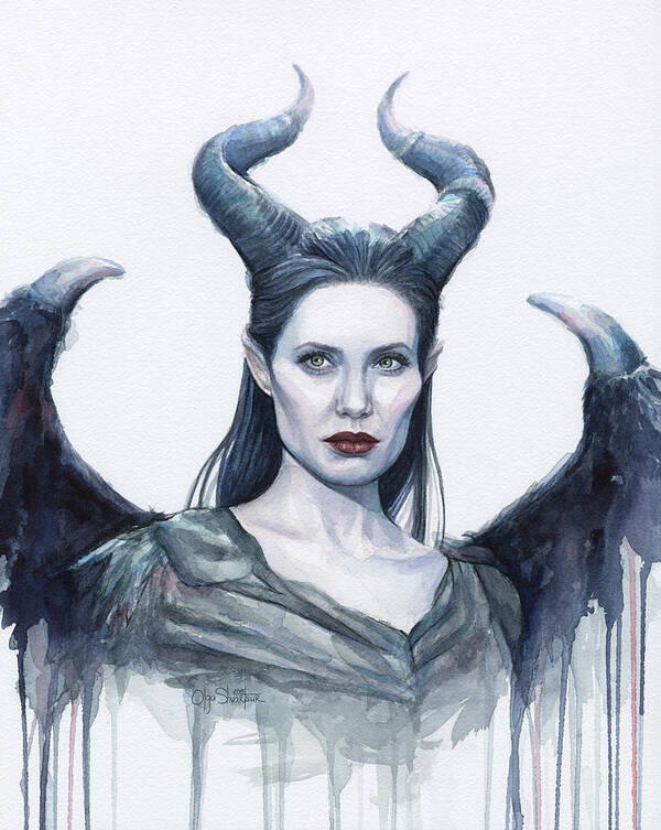 Maleficent Art Print featuring the painting Maleficent Watercolor Portrait by Olga Shvartsur