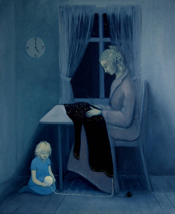 Tone Aanderaa Art Print featuring the painting Mama Knitting Big Sister Home by Tone Aanderaa