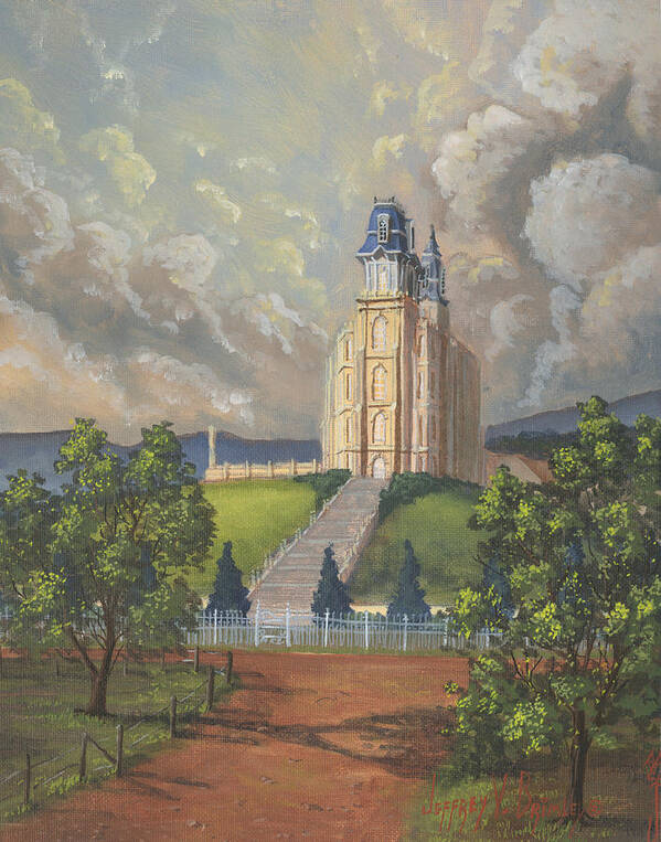 Manti Temple Art Print featuring the painting Manti Summer by Jeff Brimley