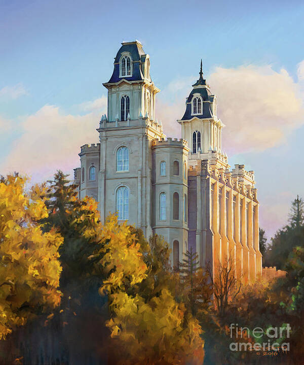 Manti Temple Art Print featuring the painting Manti temple tall by Robert Corsetti
