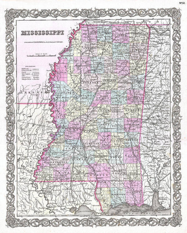 Joseph Hutchins Colton Art Print featuring the drawing Map of Mississippi by Joseph Hutchins Colton