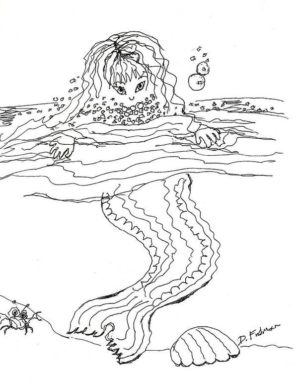 Mermaid Art Print featuring the drawing Mermaid Bubblebath bw by Denise F Fulmer