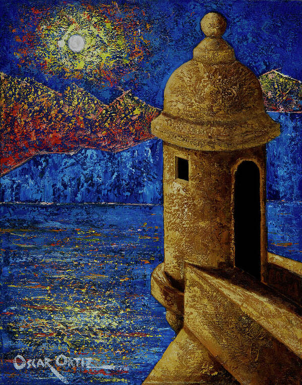 El Morro Art Print featuring the painting Midnight Mirage in San Juan by Oscar Ortiz