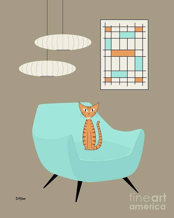 Mid Century Modern Art Print featuring the digital art Mini Abstract Blue Chair Orange Cat by Donna Mibus