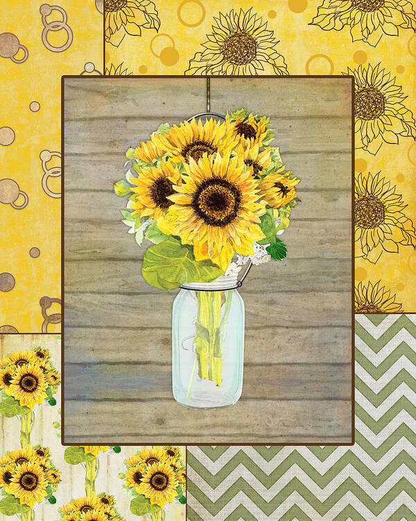 Modern Art Print featuring the painting Modern Rustic Country Sunflowers in Mason Jar by Audrey Jeanne Roberts