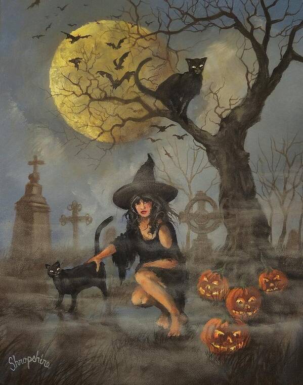 ; Halloween Art Print featuring the painting Moon Witch by Tom Shropshire