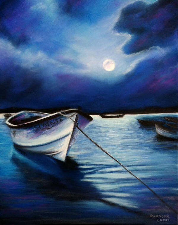 Scotland Moon Moonlight Moonlit Boat Lake Loch Quiet Still Blue Purple Aqua Water Spooky Highlands Art Print featuring the pastel Moonlit by Brenda Salamone