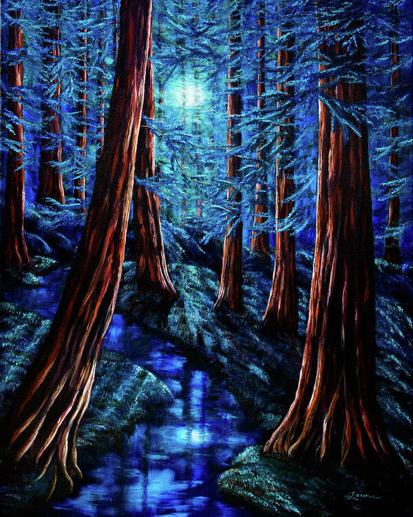 Moon Art Print featuring the painting Moonrise over the Los Altos Redwood Grove by Laura Iverson