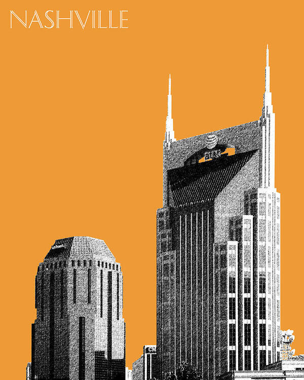 Architecture Art Print featuring the digital art Nashville Skyline AT and T Batman Building - Orange by DB Artist