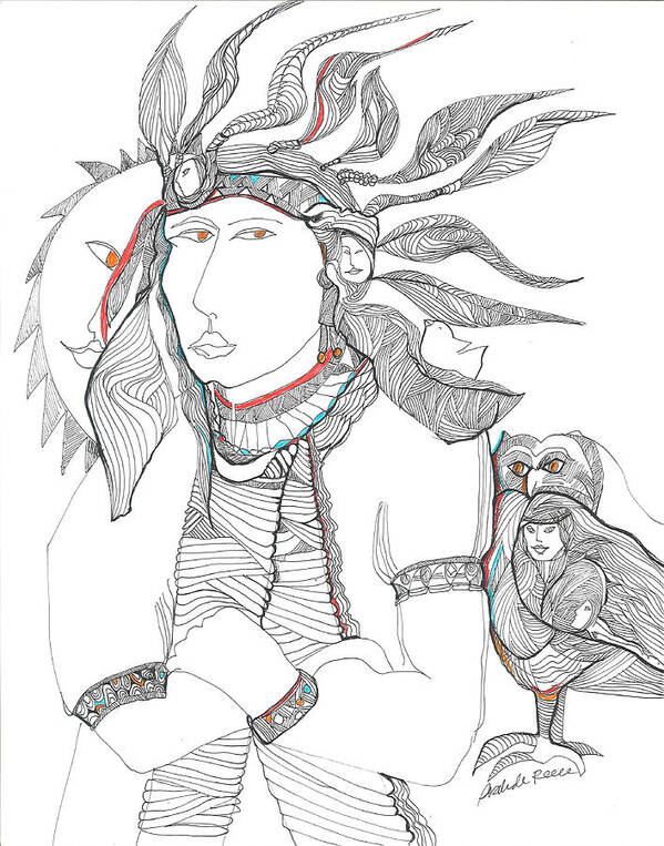 Native American Art Print featuring the drawing Indigenous American with Owl by Rosalinde Reece
