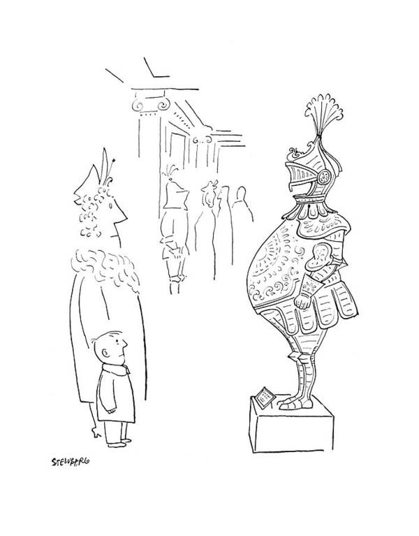 95707 Sst Saul Steinberg (woman And Little Boy In Museum Stare At Armor For Fat Man With Pot Belly.) Armor Art Artwork Belly Boy Fat Galleries Gallery History Humanities Knight Knights Little Man Museum Museums Overweight Painting Pot Stare Viewer Weight Woman Art Print featuring the drawing New Yorker February 3rd, 1951 by Saul Steinberg