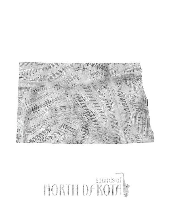 North Dakota Art Print featuring the digital art North Dakota Map Music Notes by Bekim M