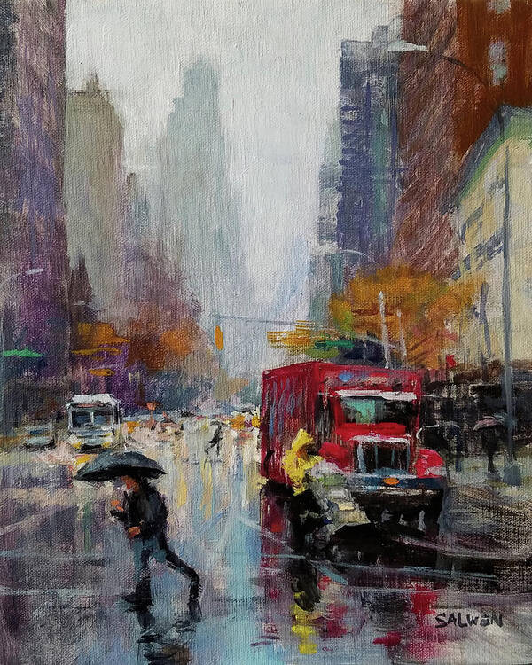 Rainy Street Art Print featuring the painting November Rain by Peter Salwen