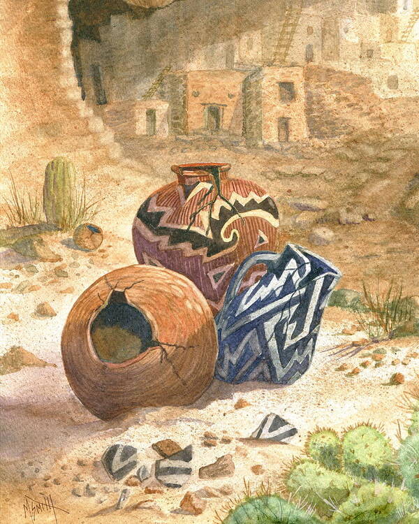 Anasazi Art Print featuring the painting Old Indian Pottery by Marilyn Smith