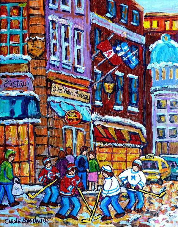 Montreal Art Print featuring the painting Old Montreal Landmark Bonsecours Winterscene Painting Far Sale Street Hockey C Spandau Quebec Art  by Carole Spandau