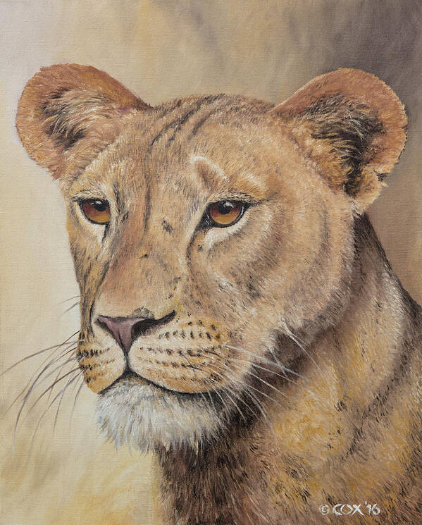 Lioness Art Print featuring the painting On-guard - Lioness by Christopher Cox