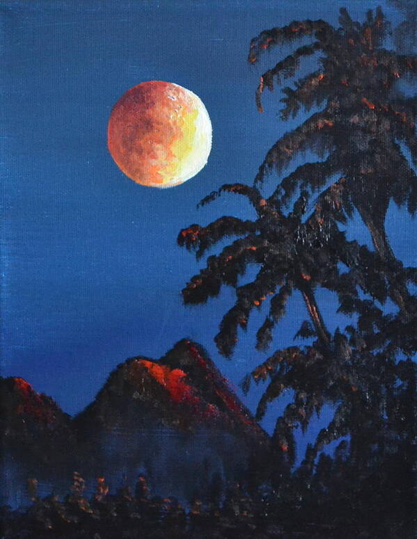 An Orange Colored Moon With A Blue Sky. There Are Palm Trees Art Print featuring the painting Orange Moon by Martin Schmidt