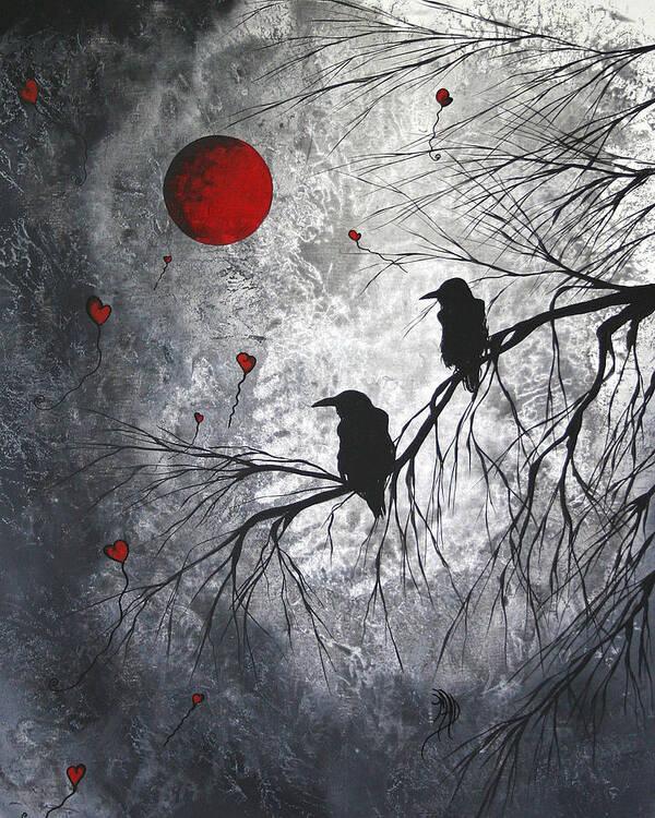 Birds Art Print featuring the painting Original Abstract Surreal Raven Red Blood Moon Painting The Overseers by MADART by Megan Duncanson