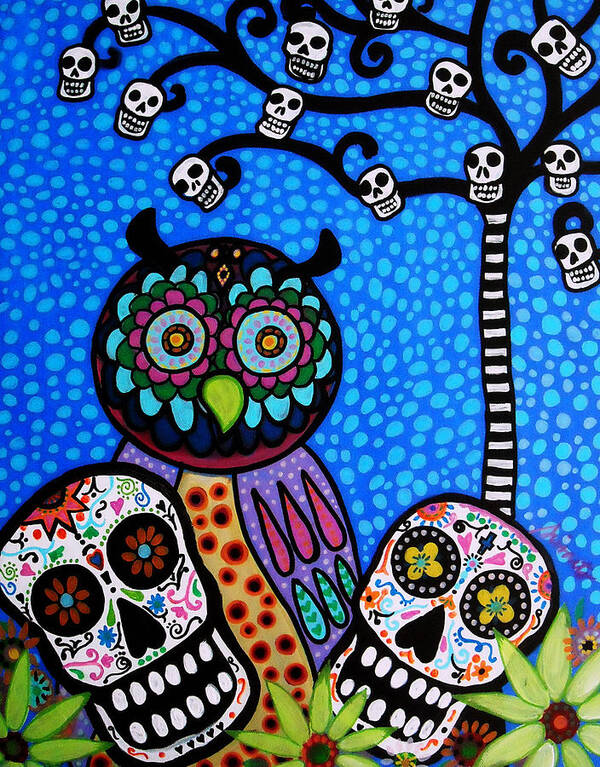 Flower Art Print featuring the painting Owl And Sugar Day Of The Dead by Pristine Cartera Turkus