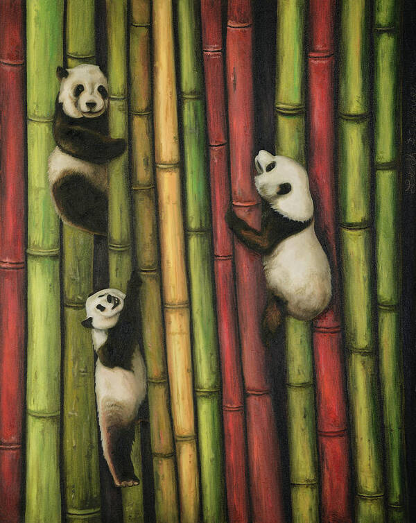 Panda Art Print featuring the painting Pandas Climbing Bamboo by Leah Saulnier The Painting Maniac