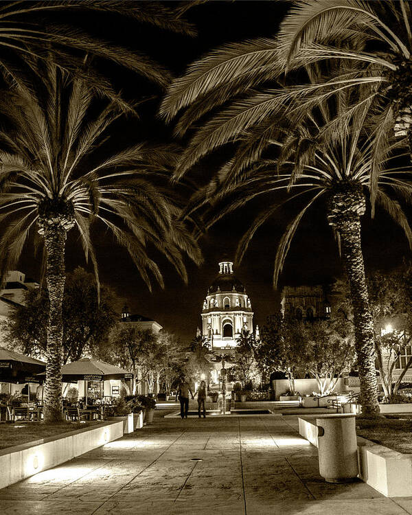 Pasadena Art Print featuring the photograph Pasadena City Hall after Dark in Sepia Tone by Randall Nyhof