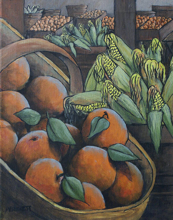 Peaches Art Print featuring the painting Peaches and Corn by Michael Beckett