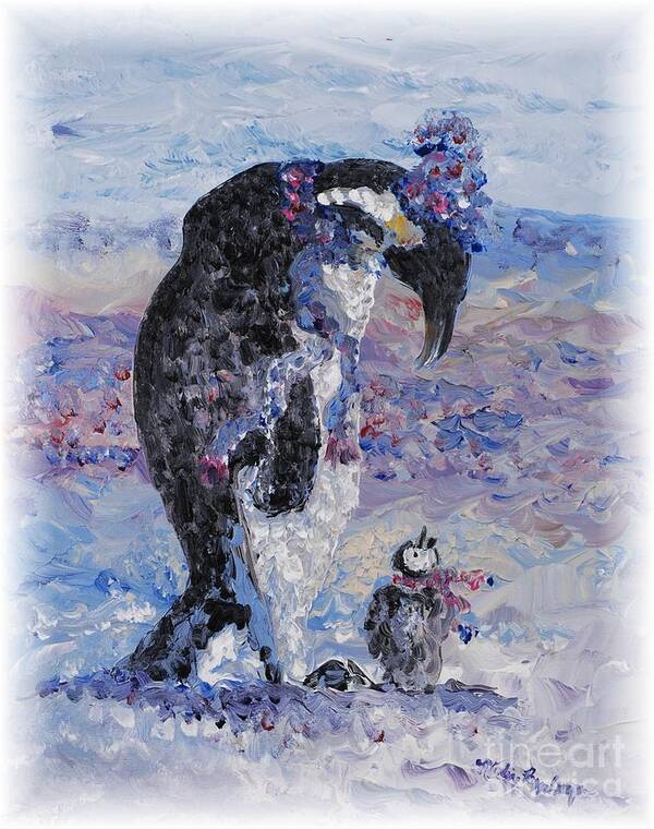 Penguins Winter Snow Blue Purple White Art Print featuring the painting Penguin Love by Nadine Rippelmeyer