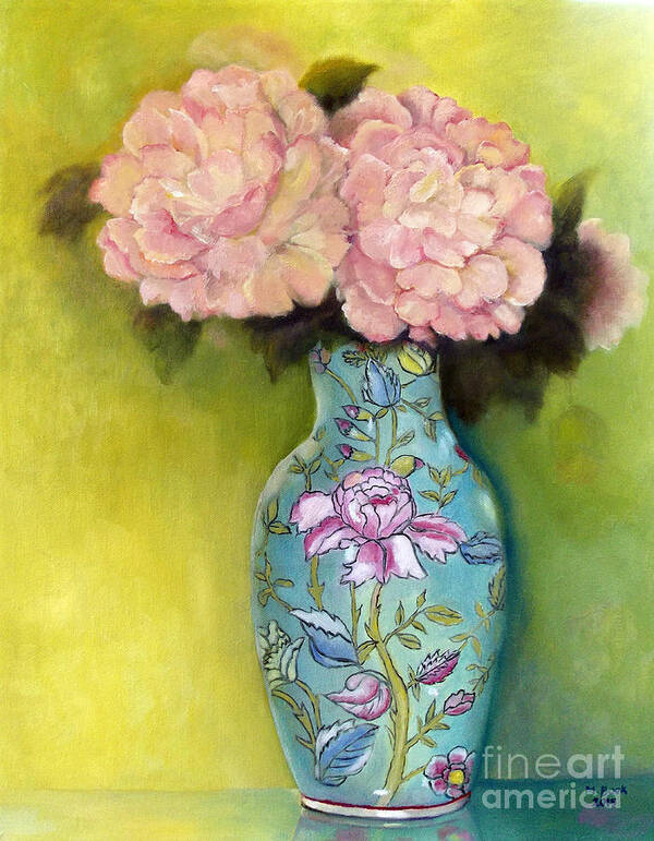 Still Life Art Print featuring the painting Pink Peonies in an Aqua Vase by Marlene Book