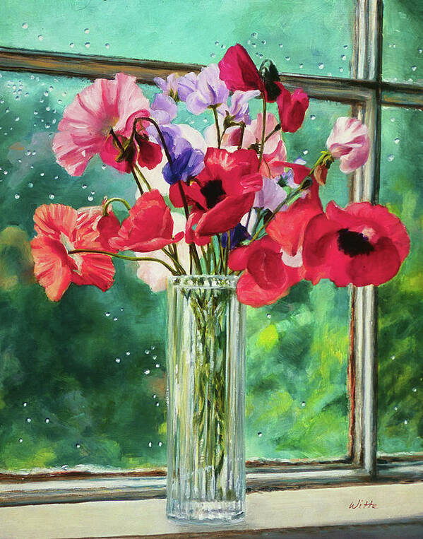 Poppies Art Print featuring the painting Poppies on Windowsill by Marie Witte