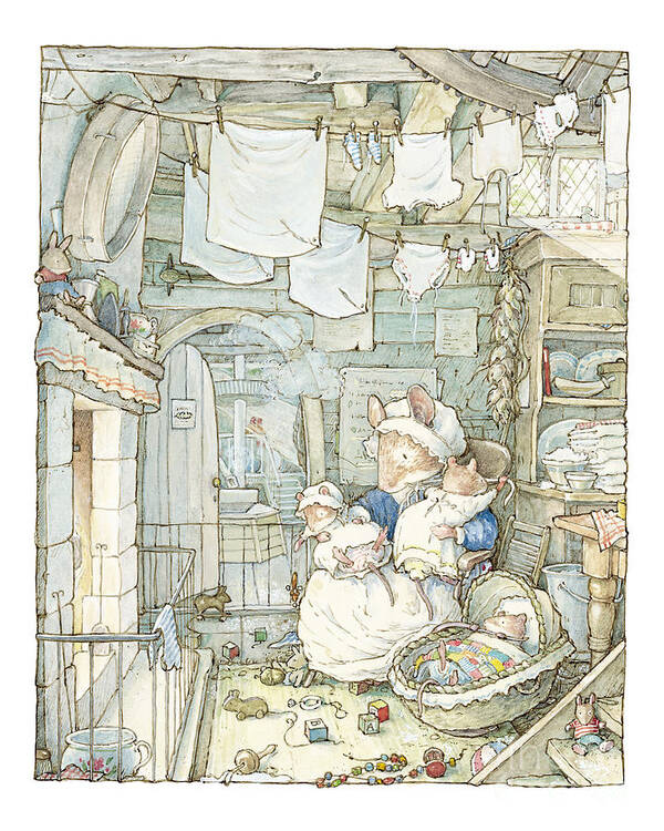 Brambly Hedge Art Print featuring the drawing Poppy and her babies sit by the fire by Brambly Hedge
