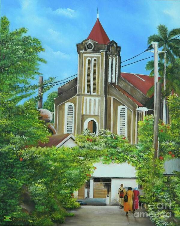Meeting Art Print featuring the painting Port Antonio Anglican Church by Kenneth Harris