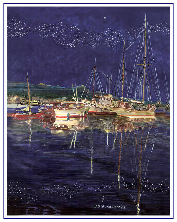 A Watercolor Painting Of The Port Orchard Marina At Night Will Look Good In Your Office Art Print featuring the painting Marina Evening Reflections by Jack Pumphrey